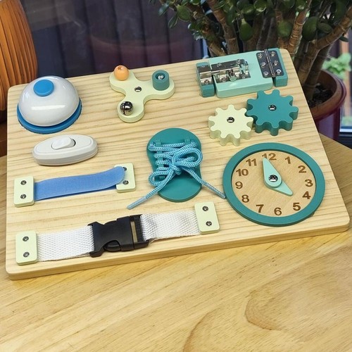 Wooden blue busy board - wooden, toddler